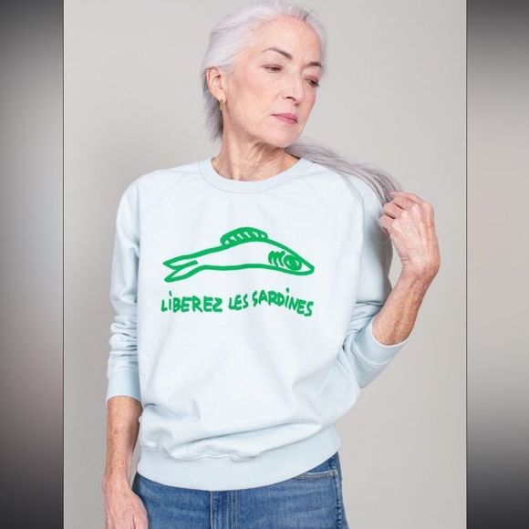 Clare V Tops - Clare V Liberez Les Sardines blue sweatshirt green writing